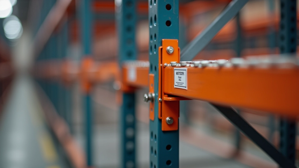 Close-up of metal shelving frame connections showing bolts and anchor points in proper assembly